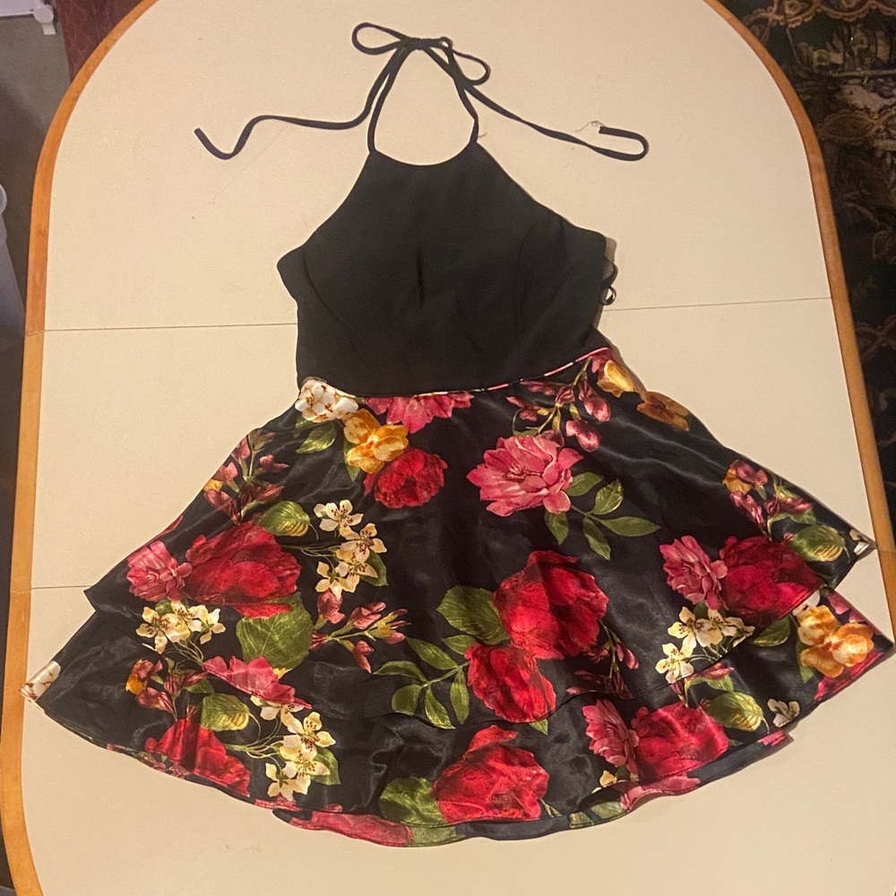 Floral Halter Prom Dress - Black and Red